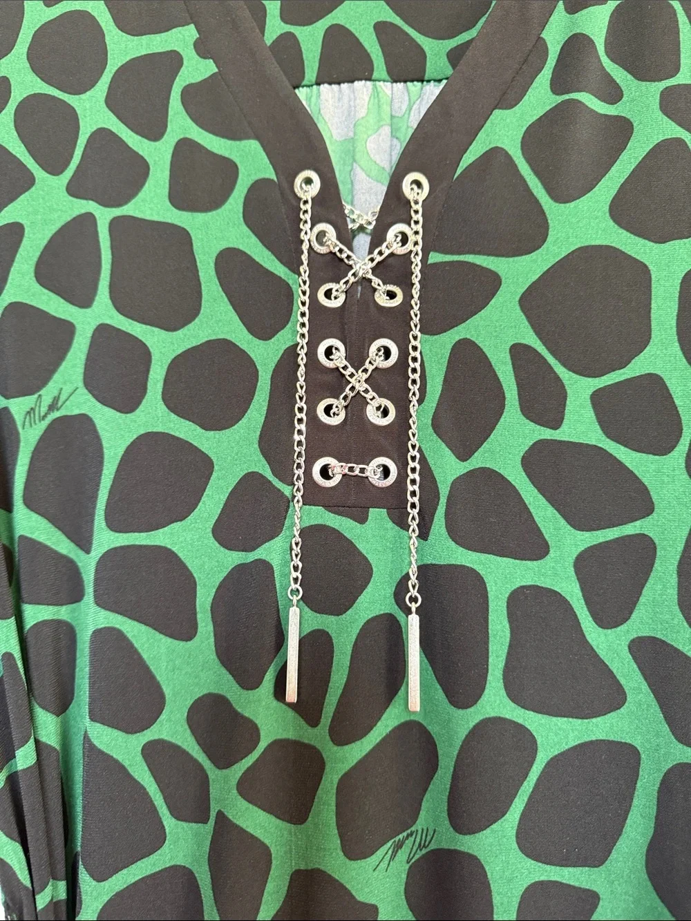 Michael Kors Green and Black Lace-Up Long Sleeve Dress